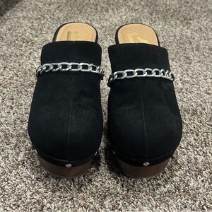 Report Black Suede with Silver Chain Detail Heel Clogs NWOT SZ 9